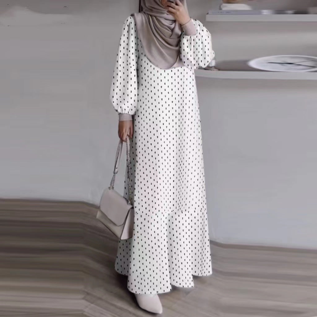 Casual Long Sleeve Loose Waist Round Neck Printing Plus Size Muslim Dress Factory Batch