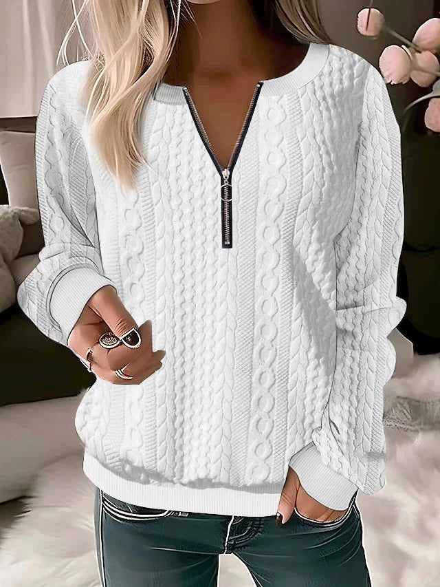 New Women Long-sleeved Solid Color V-neck Zipper T-shirt Top for Autumn And Winter