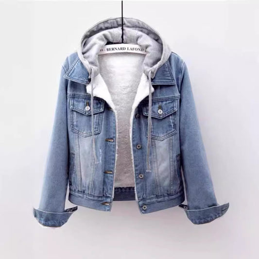 Denim Short Coat Women&#039;s Short New Long-sleeved Slim-fit Hooded Jacket All-match Student Top