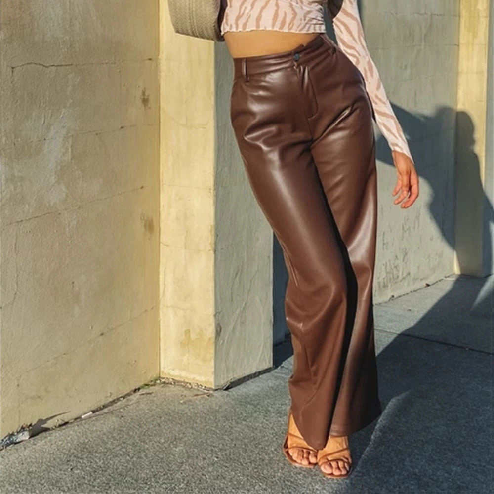 2022 Autumn And Winter European Women&amp;#039;s Clothing Hot Style PU Long Leather Pants Women&amp;#039;s Casual Wide Leg Pants High Waist Straight Women&amp;#039;s Leather Pants Wholesale