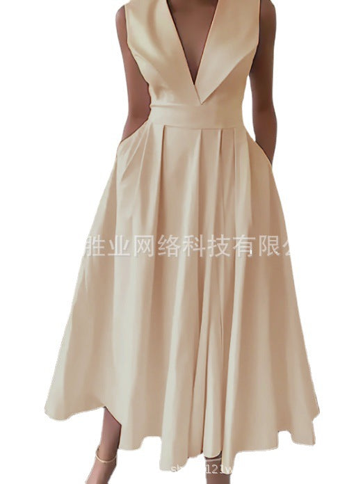 Party Wear Sleeveless Waist Slip Pocket Large Swing Mid-length Solid Color Dress