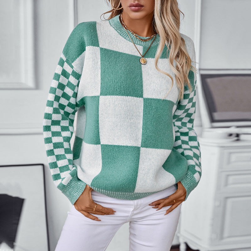 Drizzle European And American Cross-border Color Plaid Pullover Women&#039;s Knitted Sweater Autumn And Winter Fashion All-match Women&#039;s Top