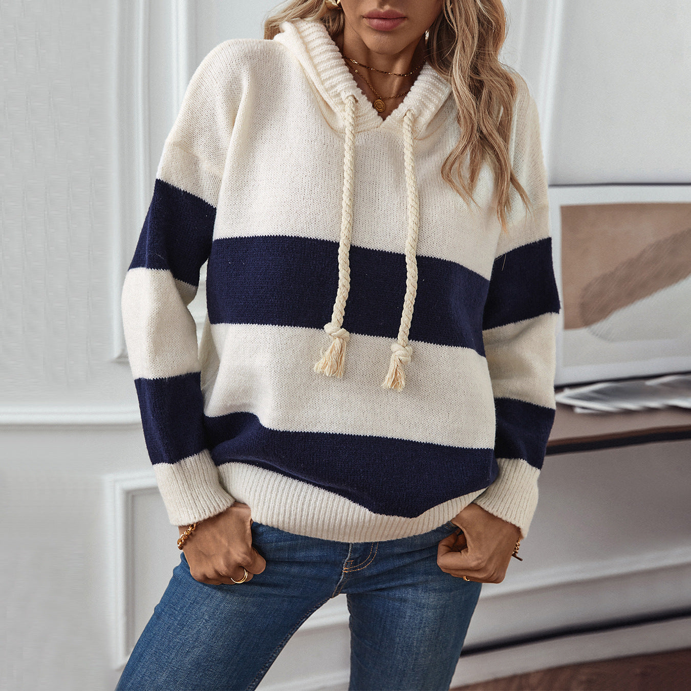 European And American Cross-border Hooded Color Pullover Sweater Top Women, Autumn And Winter Loose Casual All-match Women&#039;s Sweater Top