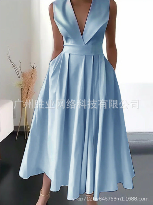 Party Wear Sleeveless Waist Slip Pocket Large Swing Mid-length Solid Color Dress