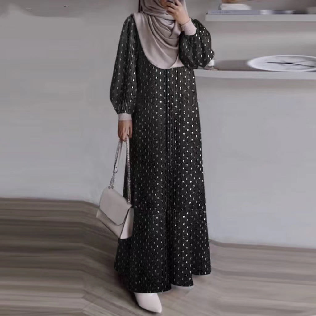 Casual Long Sleeve Loose Waist Round Neck Printing Plus Size Muslim Dress Factory Batch