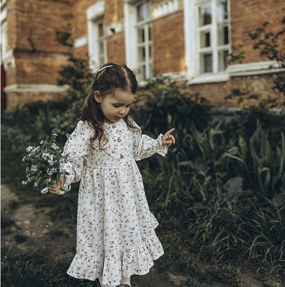 Russian Spring And Autumn Girls Cotton Polka Dot Print Pastoral Style Long-sleeved Dress French A-line Skirt