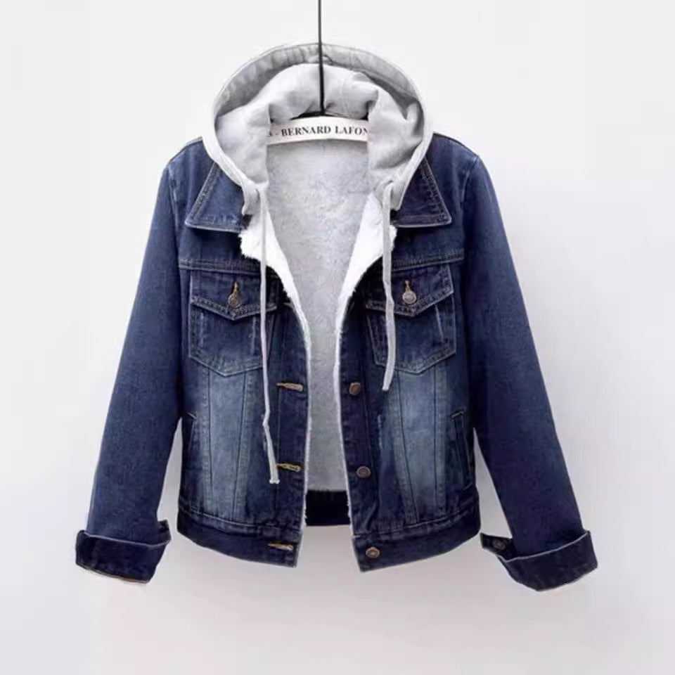 Denim Short Coat Women&#039;s Short New Long-sleeved Slim-fit Hooded Jacket All-match Student Top