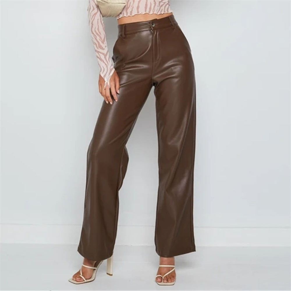 2022 Autumn And Winter European Women&amp;#039;s Clothing Hot Style PU Long Leather Pants Women&amp;#039;s Casual Wide Leg Pants High Waist Straight Women&amp;#039;s Leather Pants Wholesale