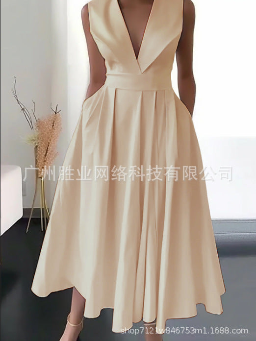 Party Wear Sleeveless Waist Slip Pocket Large Swing Mid-length Solid Color Dress