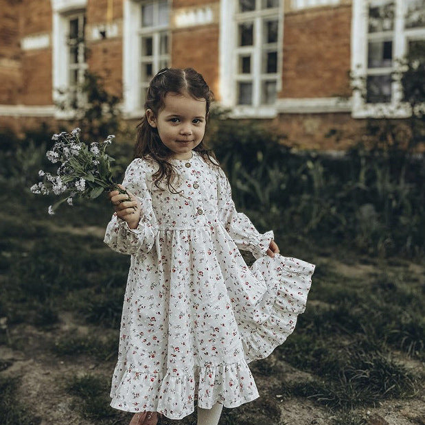 Russian Spring And Autumn Girls Cotton Polka Dot Print Pastoral Style Long-sleeved Dress French A-line Skirt