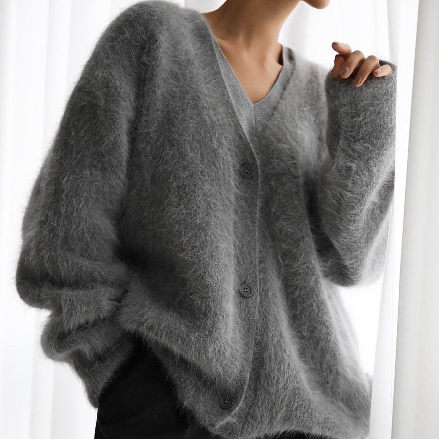 Mink Velvet V-neck Knitted Sweater Women for Autumn And Winter New Loose Solid Color Foreign Trade Cardigan Women&#039;s Coat