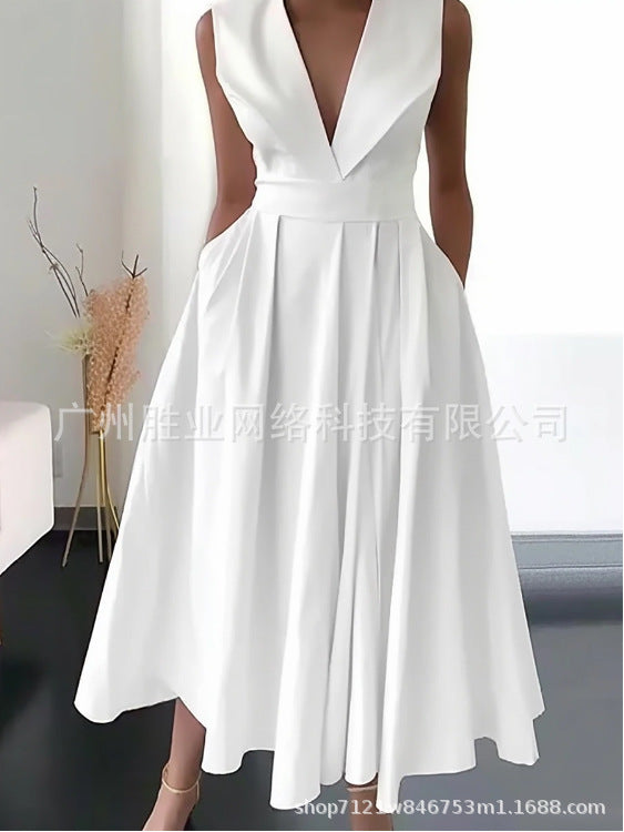 Party Wear Sleeveless Waist Slip Pocket Large Swing Mid-length Solid Color Dress