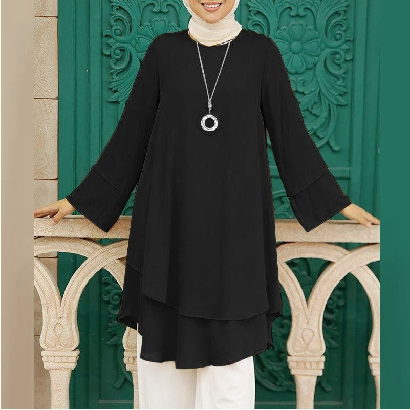 Two-layer Design Shirt Round Neck Solid Color Elegant Holiday Party Top Turkish Robe