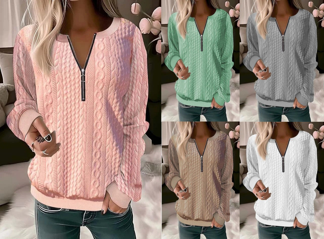 New Women Long-sleeved Solid Color V-neck Zipper T-shirt Top for Autumn And Winter