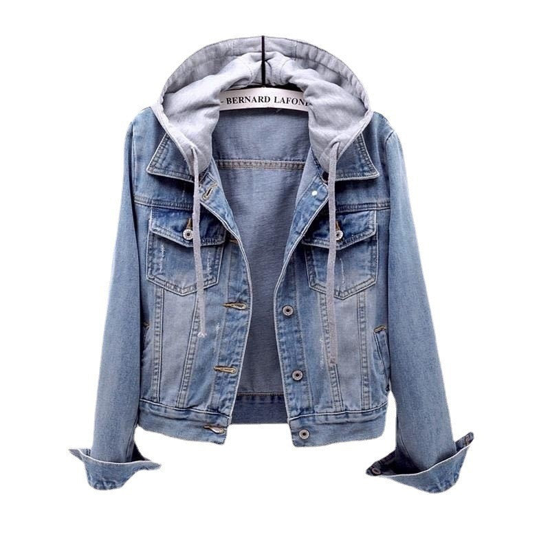 Denim Short Coat Women&#039;s Short New Long-sleeved Slim-fit Hooded Jacket All-match Student Top