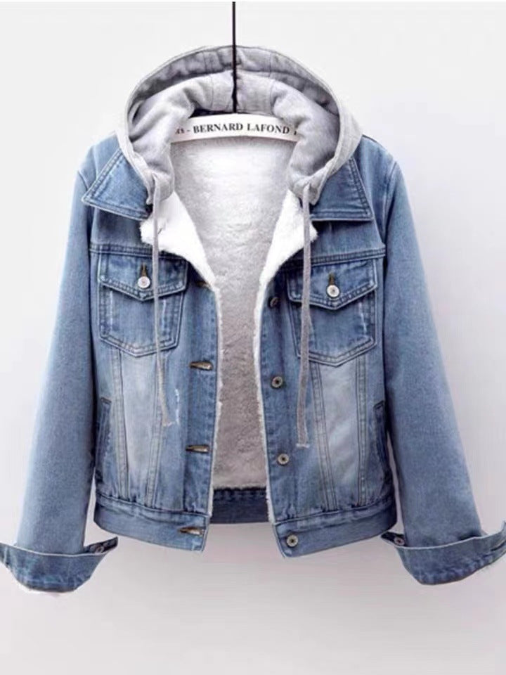 Denim Short Coat Women&#039;s Short New Long-sleeved Slim-fit Hooded Jacket All-match Student Top