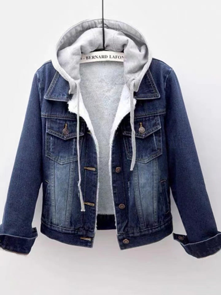 Denim Short Coat Women&#039;s Short New Long-sleeved Slim-fit Hooded Jacket All-match Student Top