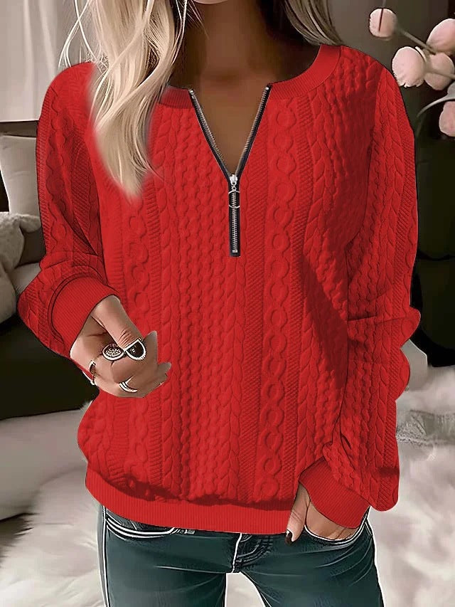 New Women Long-sleeved Solid Color V-neck Zipper T-shirt Top for Autumn And Winter