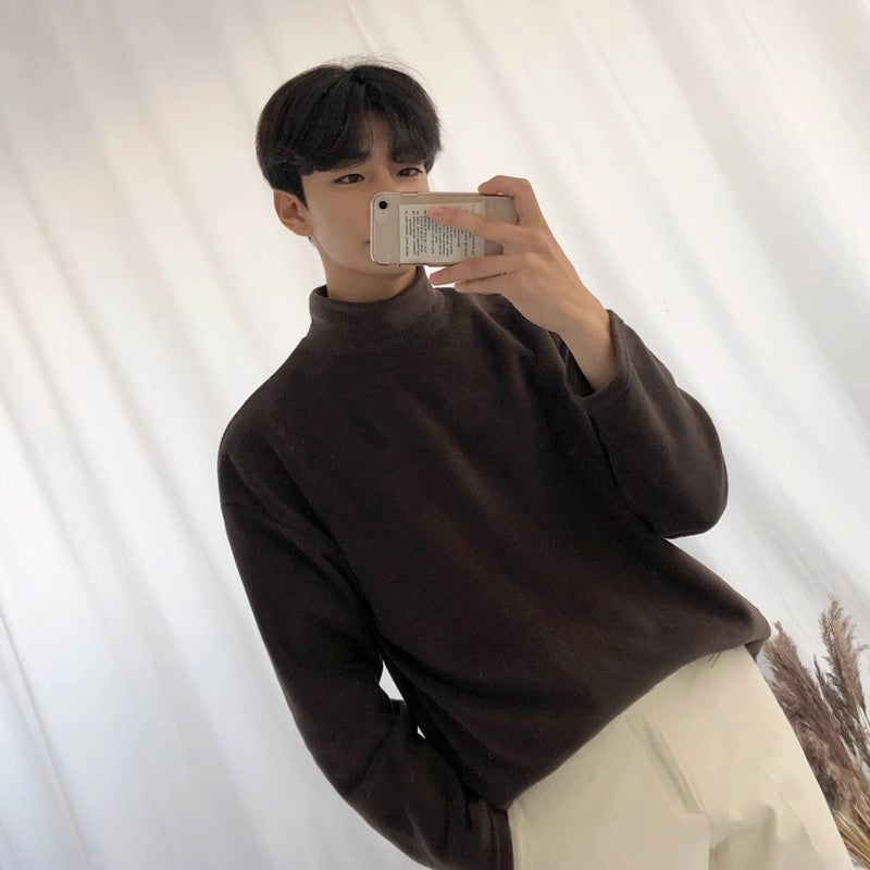 Autumn Men&#039;s Half Turtleneck Pullover Sweater Korean Style Trendy Solid Color Coat Student Fleece-lined Loose Men