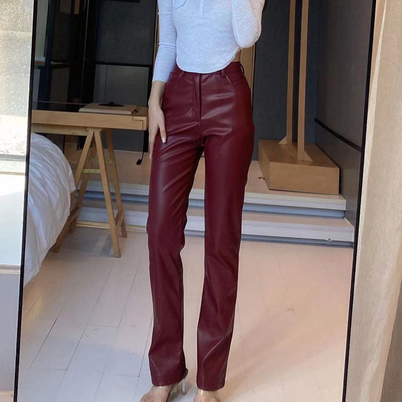 2022 Autumn And Winter European Women&amp;#039;s Clothing Hot Style PU Long Leather Pants Women&amp;#039;s Casual Wide Leg Pants High Waist Straight Women&amp;#039;s Leather Pants Wholesale