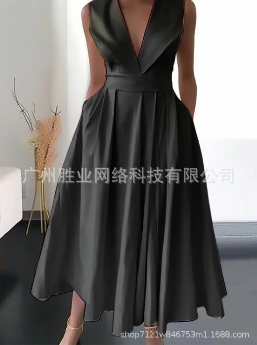 Party Wear Sleeveless Waist Slip Pocket Large Swing Mid-length Solid Color Dress