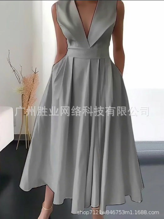 Party Wear Sleeveless Waist Slip Pocket Large Swing Mid-length Solid Color Dress