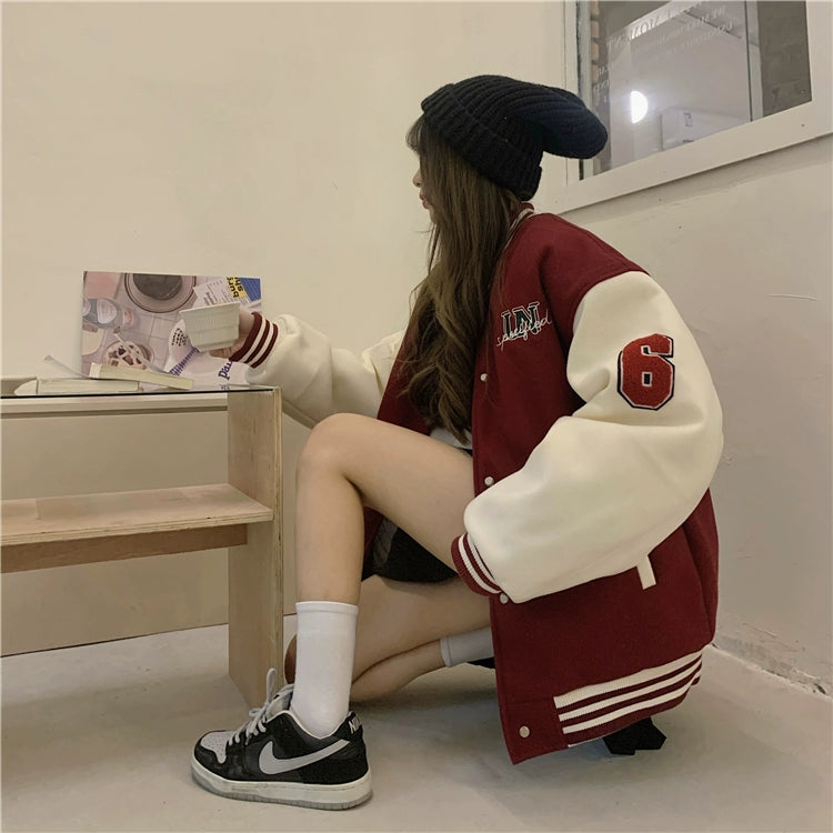 Vintage Baseball Uniform For Women In Autumn And Winter Thickened American Retro Woolen Jacket Top Student Loose Jacket Winter Style