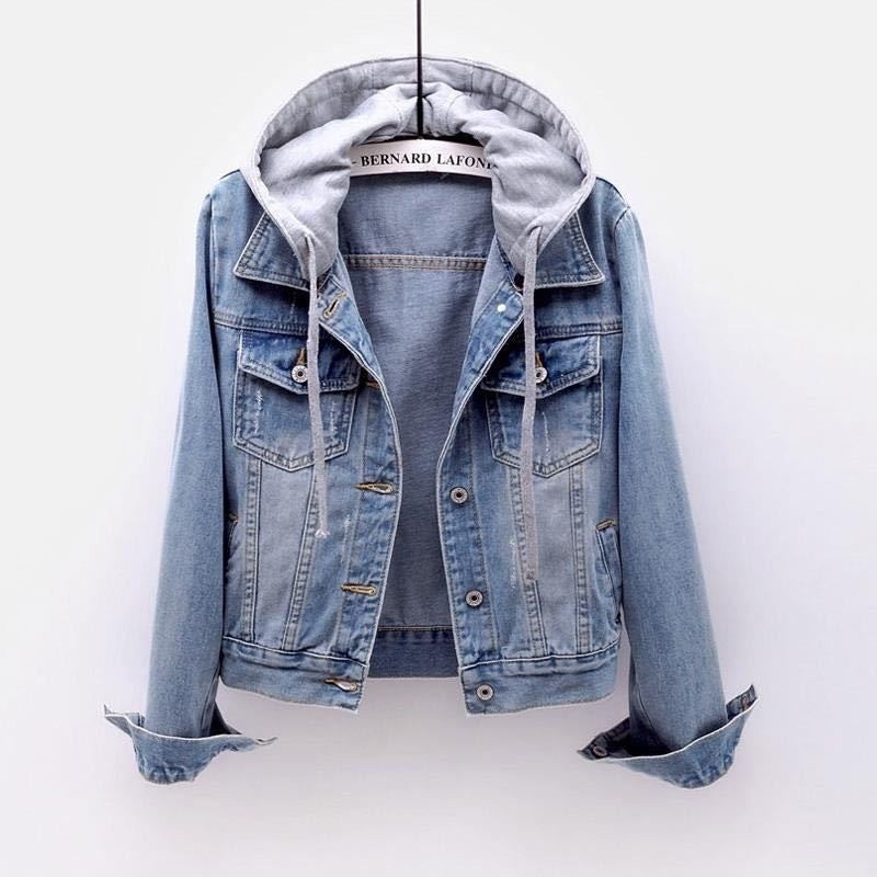 Denim Short Coat Women&#039;s Short New Long-sleeved Slim-fit Hooded Jacket All-match Student Top