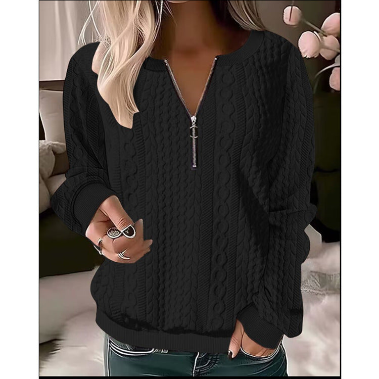 New Women Long-sleeved Solid Color V-neck Zipper T-shirt Top for Autumn And Winter