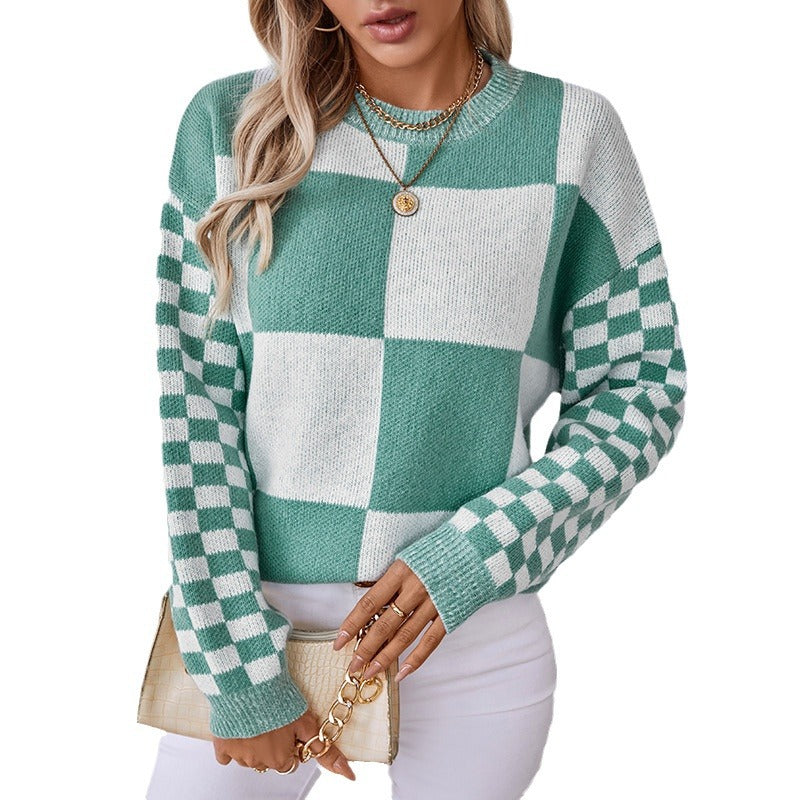 Drizzle European And American Cross-border Color Plaid Pullover Women&#039;s Knitted Sweater Autumn And Winter Fashion All-match Women&#039;s Top