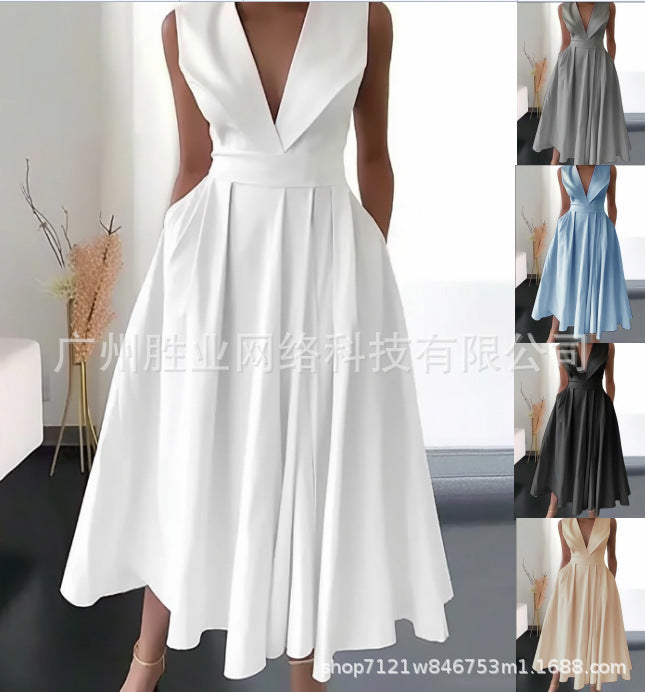 Party Wear Sleeveless Waist Slip Pocket Large Swing Mid-length Solid Color Dress