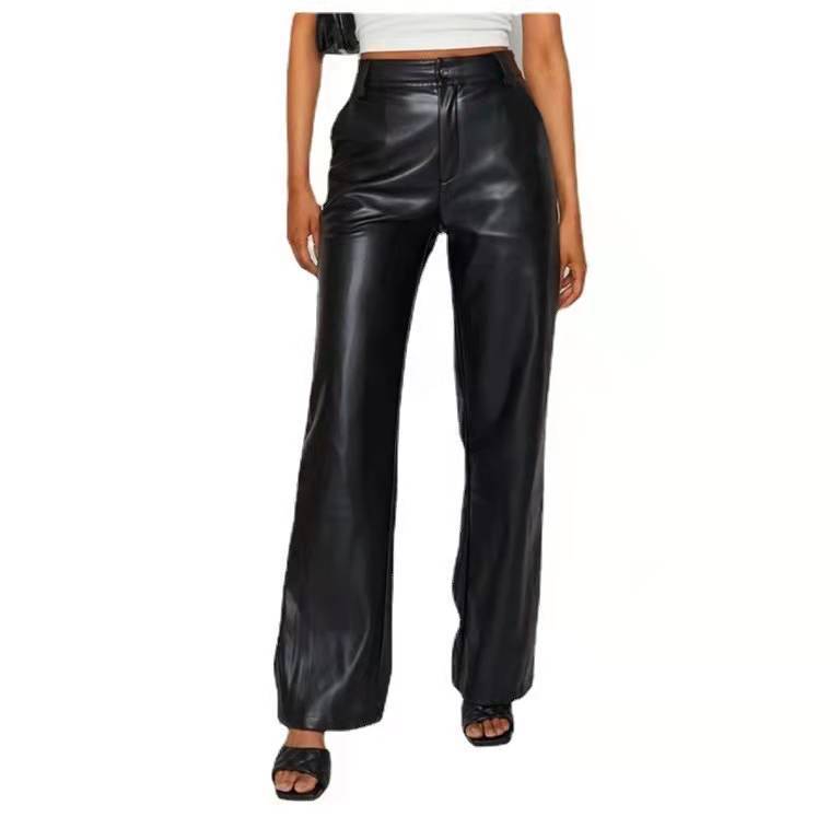 2022 Autumn And Winter European Women&amp;#039;s Clothing Hot Style PU Long Leather Pants Women&amp;#039;s Casual Wide Leg Pants High Waist Straight Women&amp;#039;s Leather Pants Wholesale