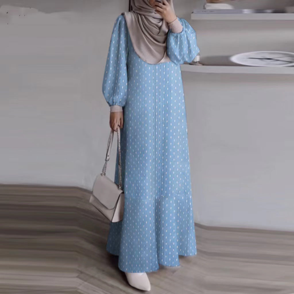 Casual Long Sleeve Loose Waist Round Neck Printing Plus Size Muslim Dress Factory Batch