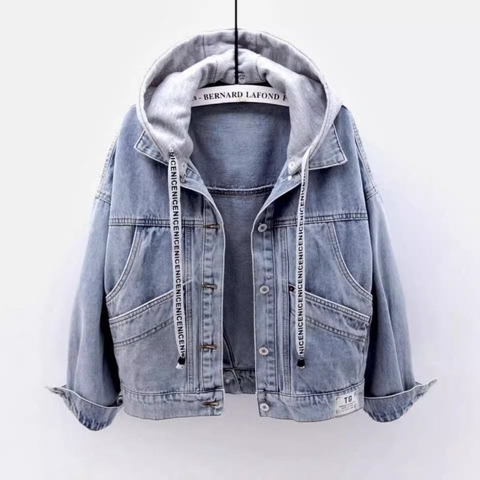 Denim Short Coat Women&#039;s Short New Long-sleeved Slim-fit Hooded Jacket All-match Student Top